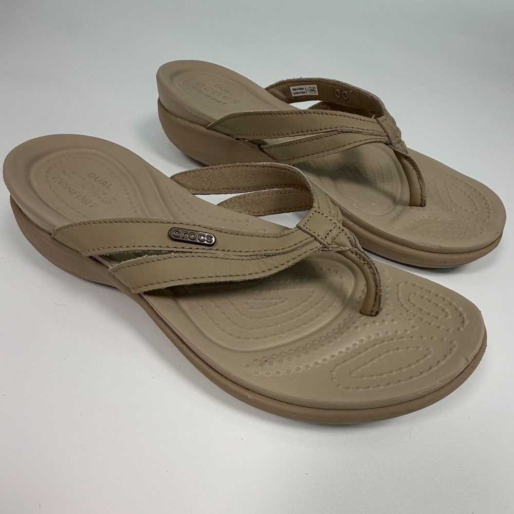 Crocs Sanrah Wedge Sandals Tan Beige Thong Flip Flops Minimalist Boho  Womens 10